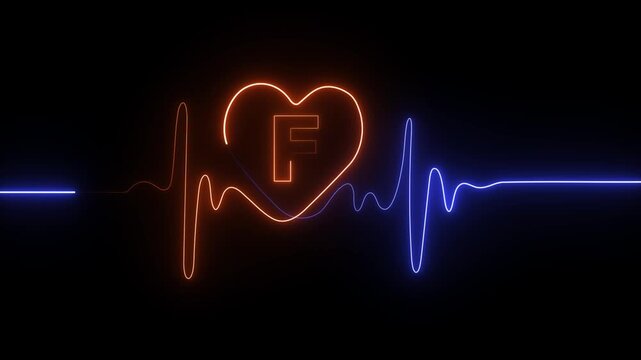 Neon electrocardiogram line with heart shape and letter F inside on black background heartbeat heart rate