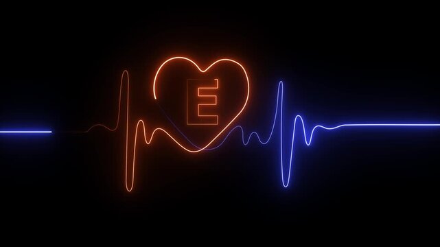 Neon electrocardiogram line with heart shape and letter E inside on black background heartbeat heart rate