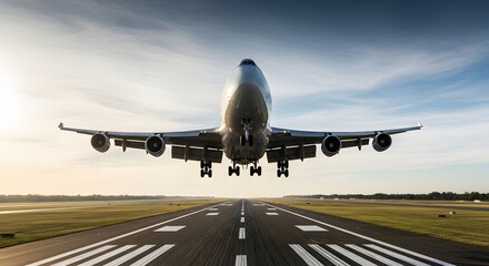 Large airplane taking off from a runway at sunrise with clear sky in the background