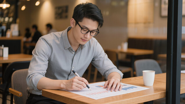 A man with glasses intently reviews documents featuring charts and graphs at a wooden table in a well-lit establishment