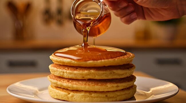 Golden maple syrup being poured over a tall stack of fluffy pancakes