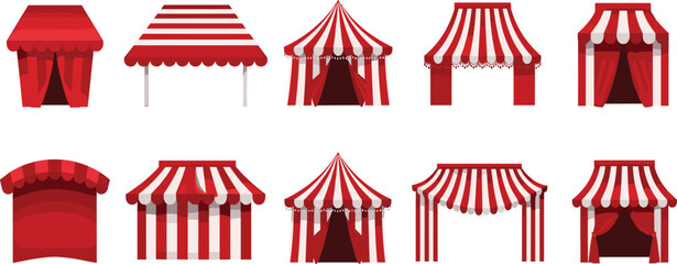Red Circus Tent Vector Set with Carnival Canopy Booths and Fair Market Stalls Isolated Collection © MdRazaul