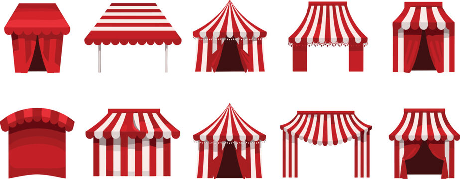 Red Circus Tent Vector Set with Carnival Canopy Booths and Fair Market Stalls Isolated Collection