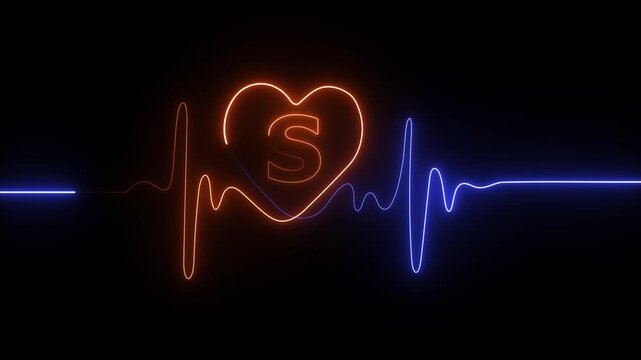 Blue and orange neon letter S inside a heart symbol on a digital electrocardiogram pulse line against a black background