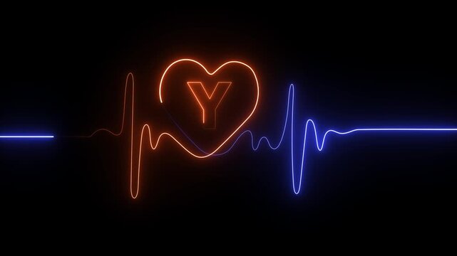 Neon Heartbeat Line with Letter Y Inside Heart Shape on Black Background electrocardiogram heart rate