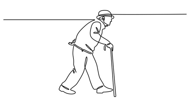 Continuous line art of an old man in a hat walking with a cane. Old man walking with walking cane in continuous one line drawing. symbolizing age. Editable vector