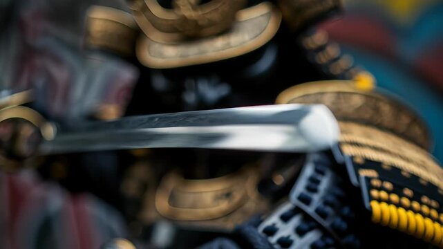 Samurai man in full armor with a katana sword. Warrior art and historical weaponry concept for martial arts presentation.