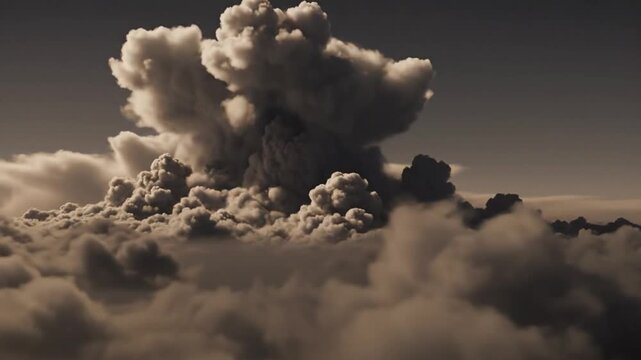 A large explosion of smoke rises through the clouds with a dramatic gray sky in the background.