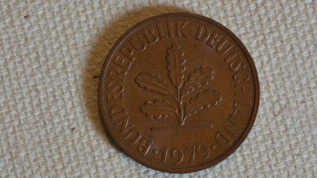  Vintage 1 Pfennig German Coin, Bundesrepublik Deutschland Currency, Oak Leaves Symbol.