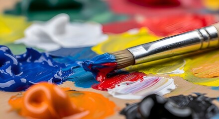 Obraz premium Close-up of Artistic Paint Palette with Vibrant Colors and Professional Brushes