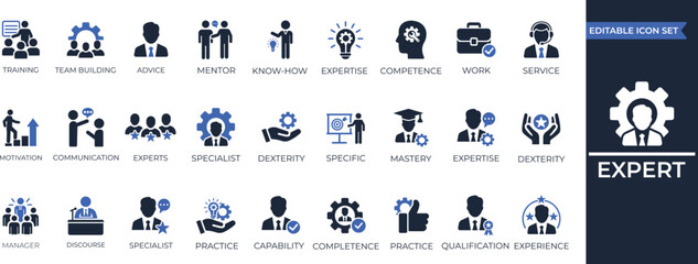 Expert icon collection. Containing advice, competence, expertise, mentor, professional, knowledge, skill, specialist, experience, and more. Editable icons collection.