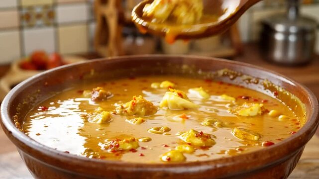 A hand scooping cheesy vegetable soup from a brown ceramic bowl with a wooden spoon on a kitchen counter with a tiled backsplash and spice jars