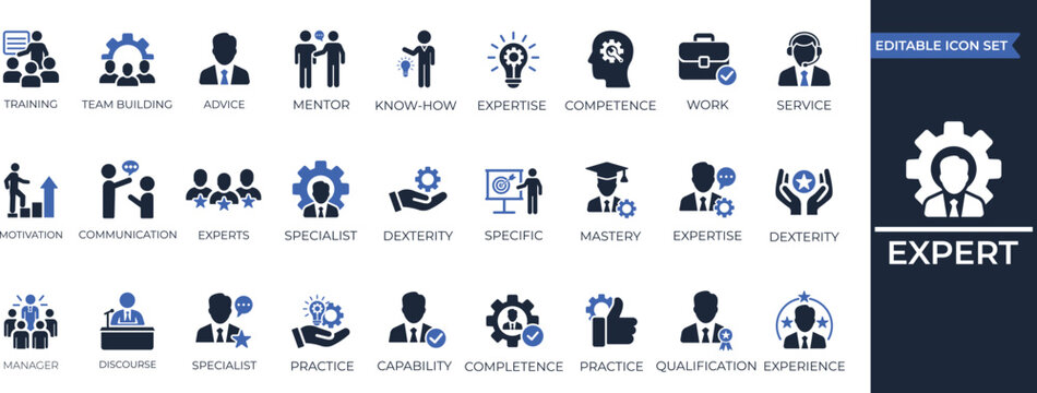 Expert icon collection. Containing advice, competence, expertise, mentor, professional, knowledge, skill, specialist, experience, and more. Editable icons collection.