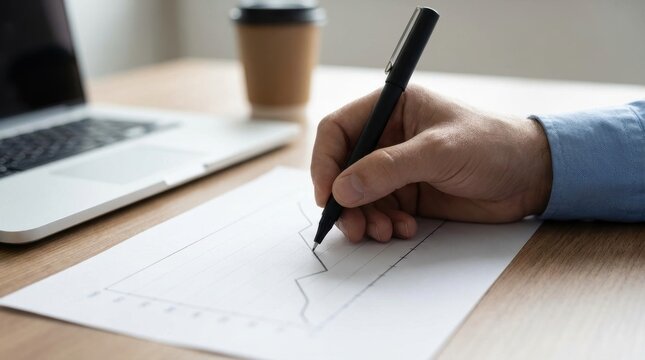 Person's hand drawing a line graph on paper with a pen A laptop and a disposable coffee cup are on a wooden desk