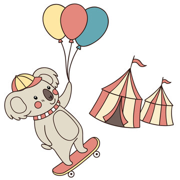 Whimsical Koala feeling Gentle in a Circus Carnival setting with riding a skateboard &ndash; colored in Big Top Brights