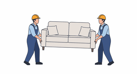 Two men in work uniforms carrying a beige sofa, illustrating moving services or furniture delivery.
