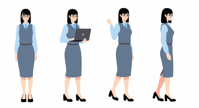 Four different poses of a professional businesswoman character, including standing, walking, and holding a laptop.