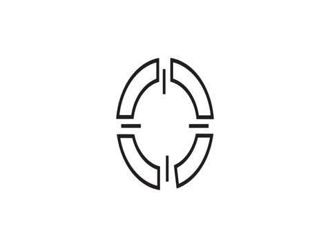 A minimalist circular logo with four curved sections and a central cross