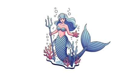 A cartoon mermaid with a trident and starfish surrounded by coral and bubbles underwater