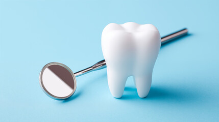 Healthy white tooth with dental mirror, representing dentistry, oral health and dental care concept.