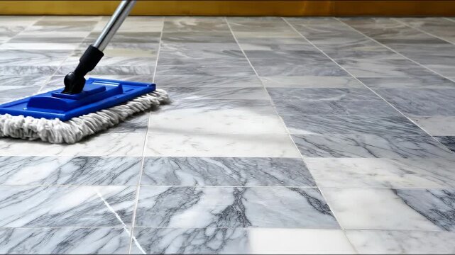Close-up of a cleaning mop gliding across shiny, polished marble tiles in a well-lit environment, revealing their textured patterns