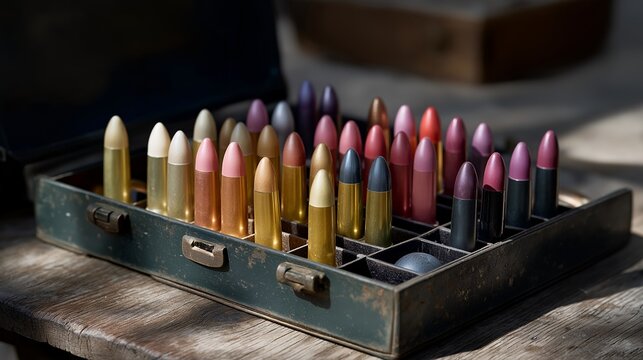 An artistic arrangement of shotgun shell bullets displayed in a vintage toolbox, highlighting their distinct shapes and vibrant colors, offering a glimpse into the world of shooting sports and
