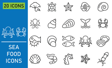 Obraz premium Collection of black line icons depicting various seafood. Containing lobster, salmon, tuna, shrimp, scale, squid octopus, oyster and more. Featuring icon of various food product classification. Vector