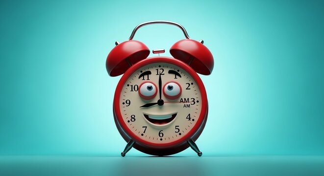 Red alarm clock with face and transparent background