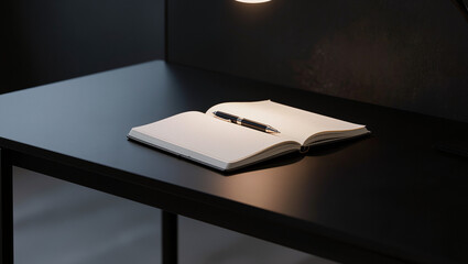 A sleek black desk holds an open lined notebook with a pen resting on its right page illuminated by an overhead light against a dark background