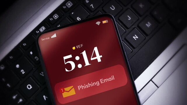 Smartphone alerts on laptop keyboard about phishing email at 514 pm in tech workspace highlighting cybersecurity vigilance