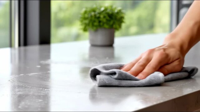 Close-up of a hand effortlessly wiping a clean countertop surface with a microfiber cloth, showcasing a bright green plant in the background
