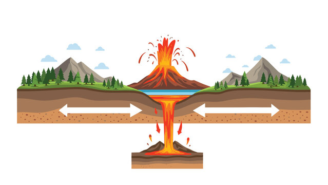 Informative cross-section diagram showing a volcanic eruption with red hot lava flowing from a central peak between mountains and clouds.