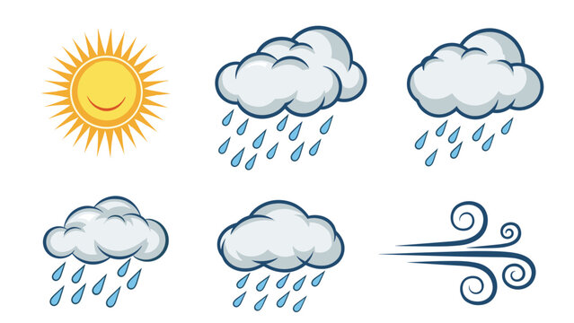 Set of weather icons including a smiling sun, various clouds with raindrops, and a wind symbol to represent different weather conditions.