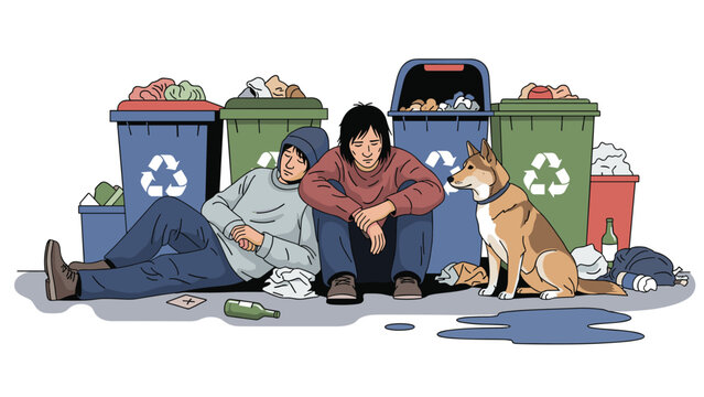 Scene depicting homelessness where two people and their dog sit dejectedly on the ground in front of several large colorful recycling bins.