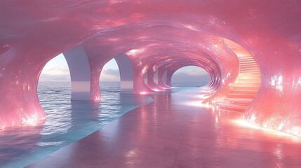 Ethereal Pink Tunnel Ocean View Dreamy Architecture and Luminous Reflections.