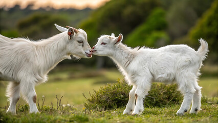 Obraz premium Two Cute Baby Goats Playing in a Grassy Field at Sunset