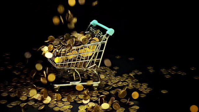 Gold or copper coins fall and fill a shopping basket against a black background. Slow motion of falling money.