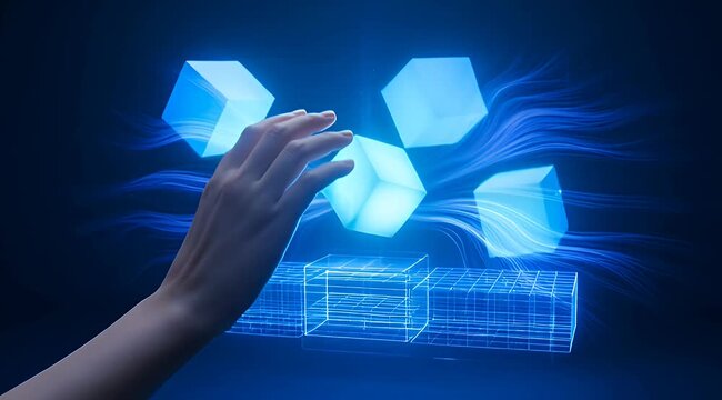 Abstract digital interface with glowing cubes, hand interaction, and wireframe structure
