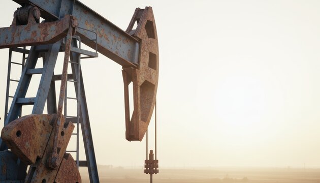Close up of a rusty oil pumpjack against a hazy bright sky highlighting industrial machinery details