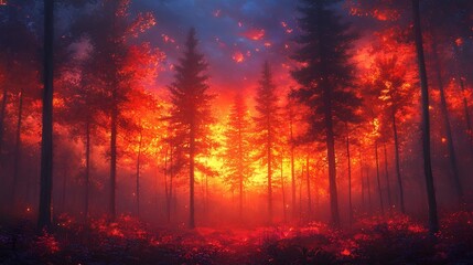 Fiery Forest Intense Red and Orange Light Illuminating a Dense Woodland Scene.