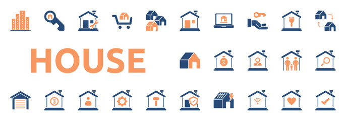 House icon two color style with property, key, renovation, property exchange, building, mortgage icons