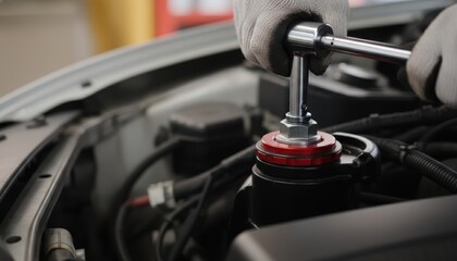 Obraz premium Close up of a mechanic's gloved hands using a socket wrench to work on a vehicle engine component