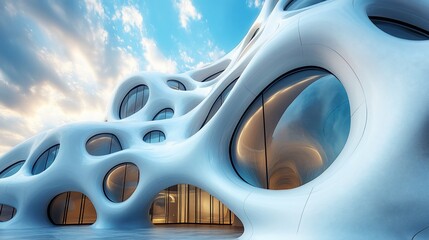 Futuristic Architecture Organic White Building with Circular Windows against Cloudy Sky.