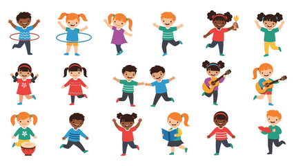 Fototapeta premium Multiethnic group of happy children characters engaged in fun activities like hula hooping, playing music, reading, and running together.