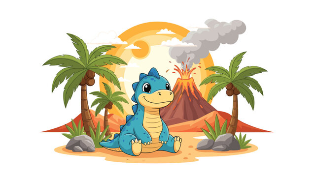 Adorable blue baby dinosaur sits peacefully in a prehistoric landscape featuring a smoking volcano and tropical palm trees.