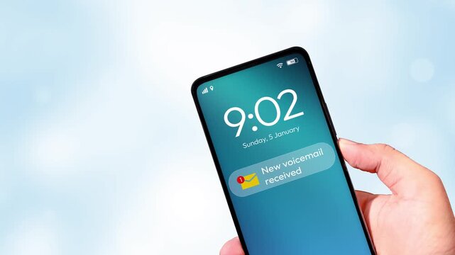 Smartphone screen showing voicemail notification on light blue background highlighting digital communicatio, 4k footage