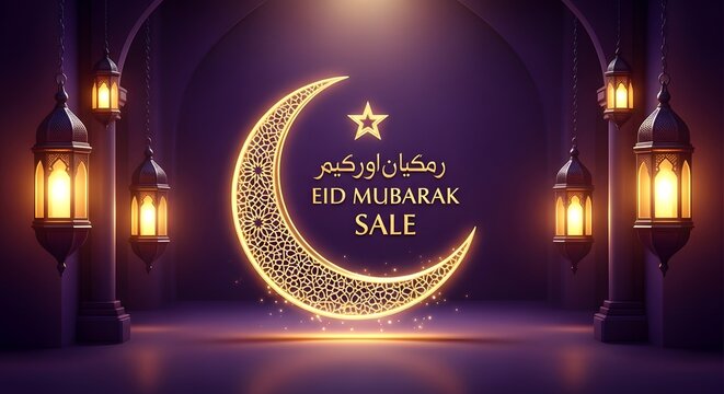 Eid Mubarak sale banner with crescent moon lanterns and Arabic calligraphy golden glow
