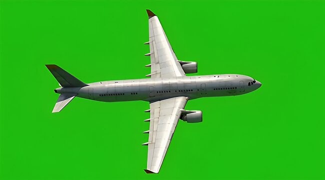 Silver airplane with red tipped wings flying against bright green background