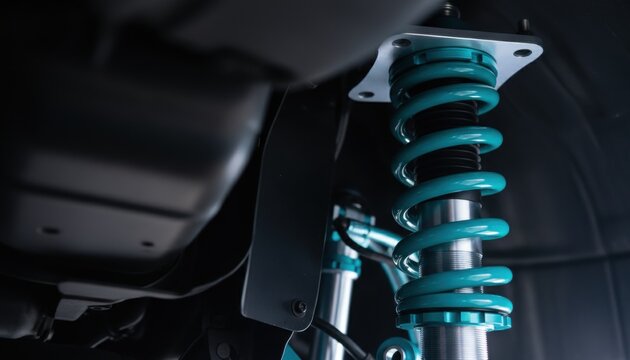 Vibrant teal coil spring and metallic shock absorber system under a modern vehicle