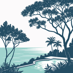 Naklejka premium A serene coastal landscape with trees and a body of water